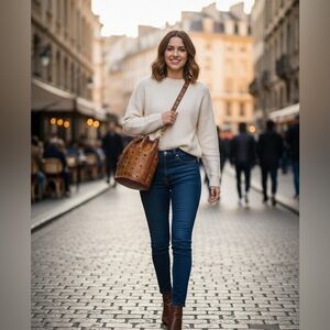 Authentic MCM Cognac Visetos Large Leather Drawstring Bucket Bag